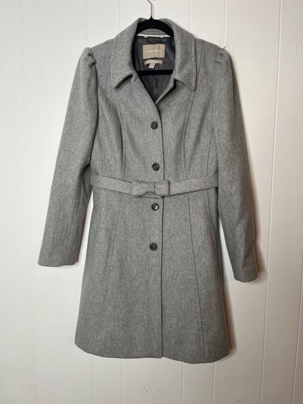 Banana Republic Light Gray Wool Blend Coat with Bow Belt & Puffed Sleeves Size M